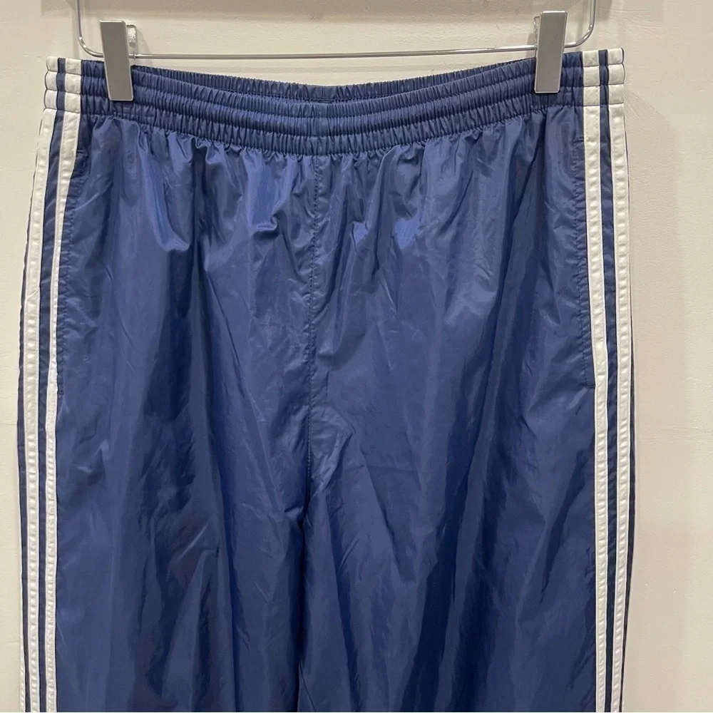 Vintage Adidas Stripe Trim Wind Nylon Pants Wide Leg Adjustable Blue Large